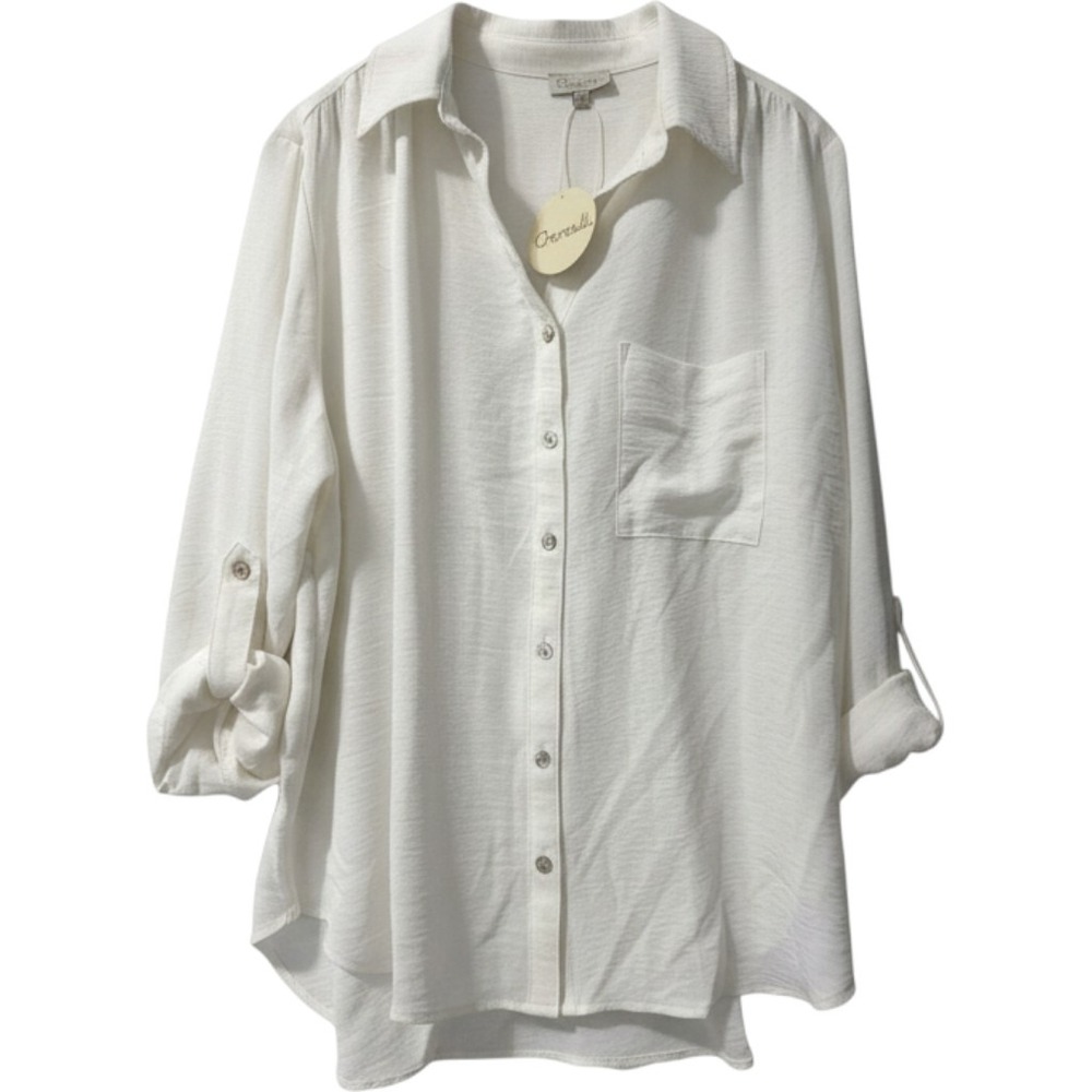 Chenault Button Up Blouse In Cream With Roll Up Sleeves Women's Size 1XL